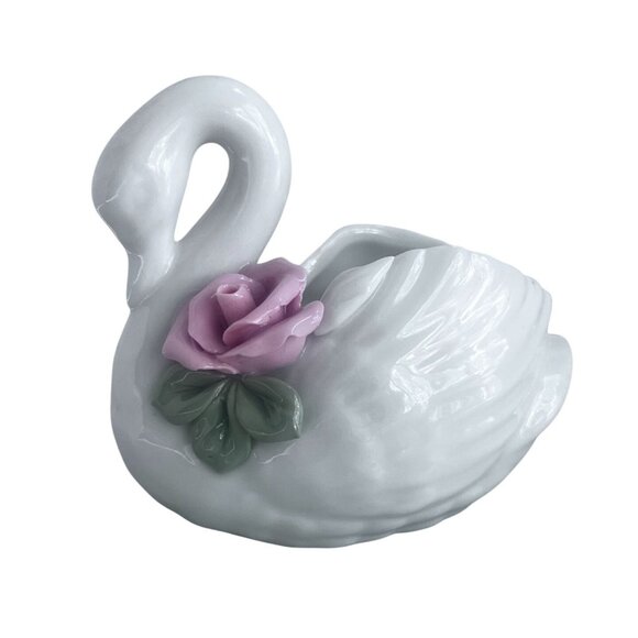Porcelain White Swan Figurine Pink Rose Candle Holder Dressing Table Decor - Picture 1 of 11